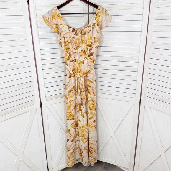 June & Hudson Tropical Print Belted Wide Leg Jumpsuit Pink Yellow Medium - Picture 7 of 12